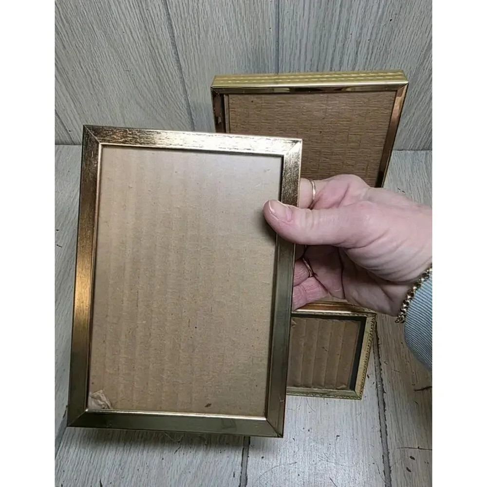 Vintage MCM Metal Brass Picture Frames Freestanding Wall Hanging Gold Set Of 3